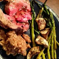 Prime rib with roasted asparagus, roasted turnips, and mushroom-beef risotto|Dawn Sticklenさん