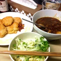 ビーフシチューとたらこのハッシュドポテトとマカロニサラダ|こうへいさん