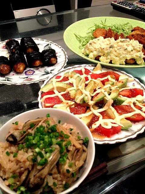 カキ磯辺焼き＆カキフライ＆カキの炊き込みご飯＆アボガドとトマトサラダカキドレッシング|turumoさん