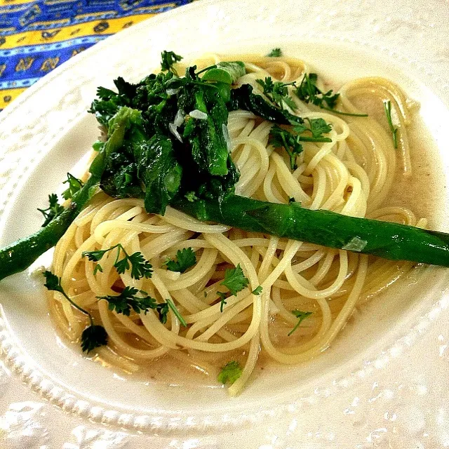 おうちSKYごっこ♪                        菜の花・アスパラガスの春のアンチョビパスタ|志野さん