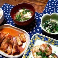 照り焼きチキン、野菜の味噌チーズ焼き、ほうれん草とえのきの胡麻和え、ごぼう汁|hiromi☺さん