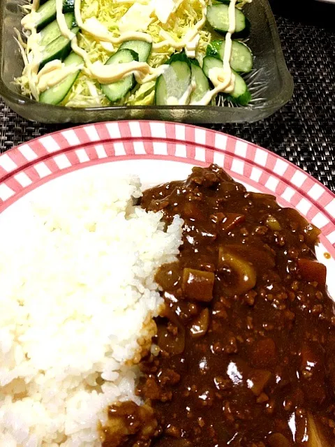 #夕飯 キャベツきゅうりチーズサラダ、挽肉しょうがカレー(ルーの溶けないところがあるように濃いめにしたカレー)。白米とカレーをおかわりした。白米とカレーは、味が合う！|ms903さん