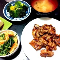 鶏肉のマヨポン焼き、水菜と薄揚げの和物、ブロッコリー、豆腐|佐藤さん