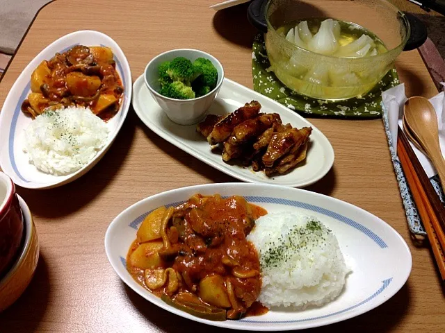 トマト煮 鶏のテリヤキ 新タマネギのスープ|こんこんさん