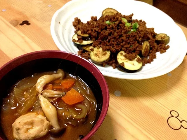 ナスの肉味噌炒め 鶏団子入り味噌汁|ポテキさん