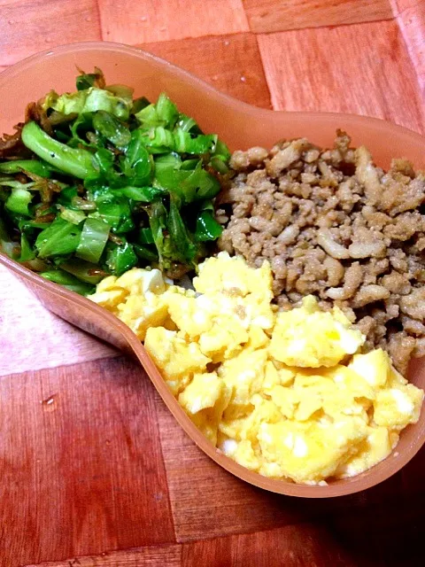 鶏そぼろと炒り卵の二色丼、春キャベツと桜エビ炒め|しぃさん