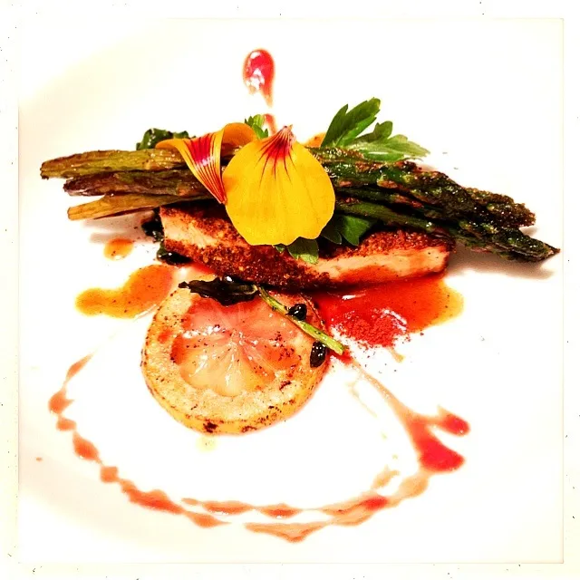 Snapdishの料理写真:RAS EL HANOUT CRUSTED/SEARED CELERAIC. GRILLED ASPARAGUS. PRESERVED LEMON. HARIRA|GREG ARNOLDさん