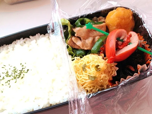 Snapdishの料理写真:旦那ちゃまのお弁当『豚モモとピーマンの塩だれ炒め弁当』|鈴木 美菜子さん