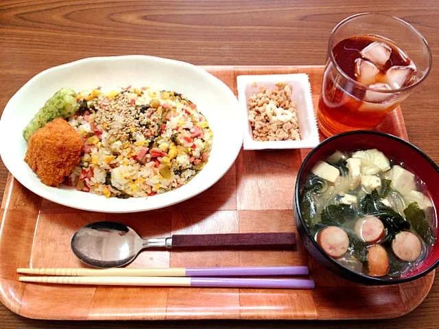 lunch♡高菜チャーハン.春雨スープ.納豆♪|あやのさん