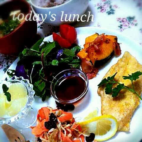 ＊ささみのピカタ＊切り干し大根と人参と胡桃＆レーズンマリネ＊かぼちゃとベーコンのガーリックバター焼き＊グレープフルーツ♡ೄ̥̽|Mika❈さん