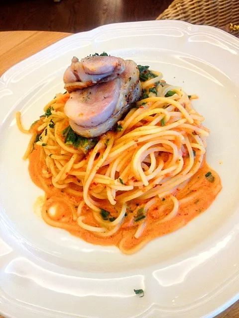 Ckicken&spinach&Tomato creamy sauce spaghetti 🍅🍝|Nonononoさん