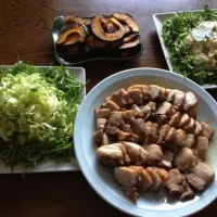 焼き豚、焼カボチャ、サラダ2種|ゆきさん