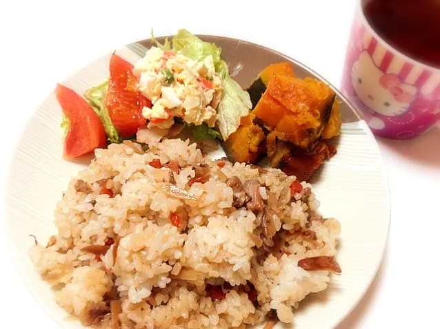 混ぜ御飯、かぼちゃの煮物、ポテトサラダ|美由紀さん