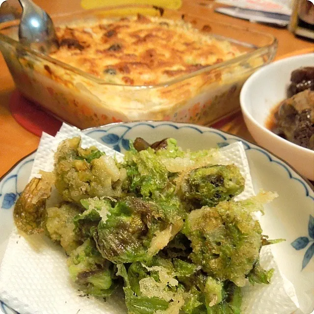 ふきのとうの天ぷら＋豆腐の味噌チーズグラタン♡|みりん。さん