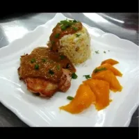 Chicken with orage and peach sauce on top|lorreignさん