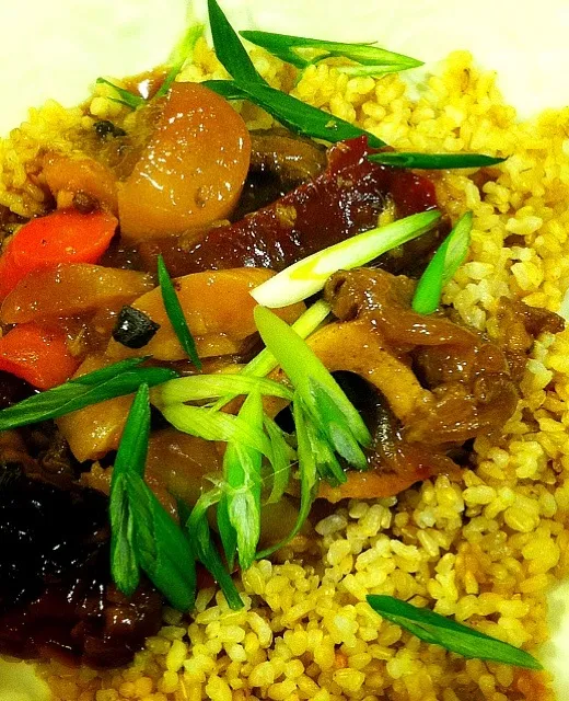 Red cooked beef shank, dried shiitake, daikon and carrot on short grain brown rice|Peter Simonさん