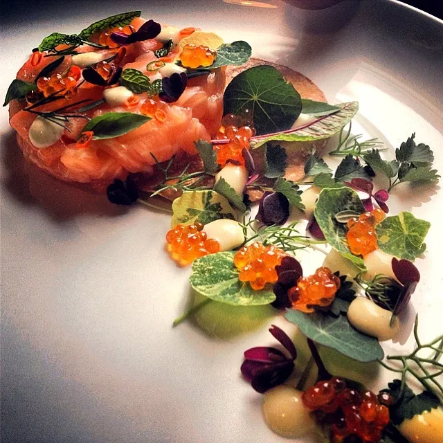 Salmon tartare, Thai chili, purple oxalis, vanilla, pretzel|andrew franciscoさん