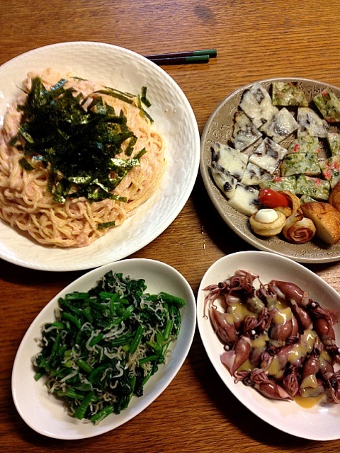 たらこスパゲティ ちりめんじゃこほうれん草 ホタルいかの酢味噌あえ 天ぷら 三宅 里美 Snapdish スナップディッシュ Id Jef4fa