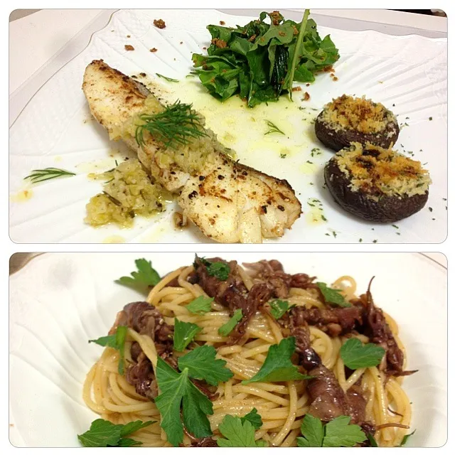 ホタルイカのパスタ、たらのバターソテー（セロリとエストラゴンのソース）|ゆり0707さん