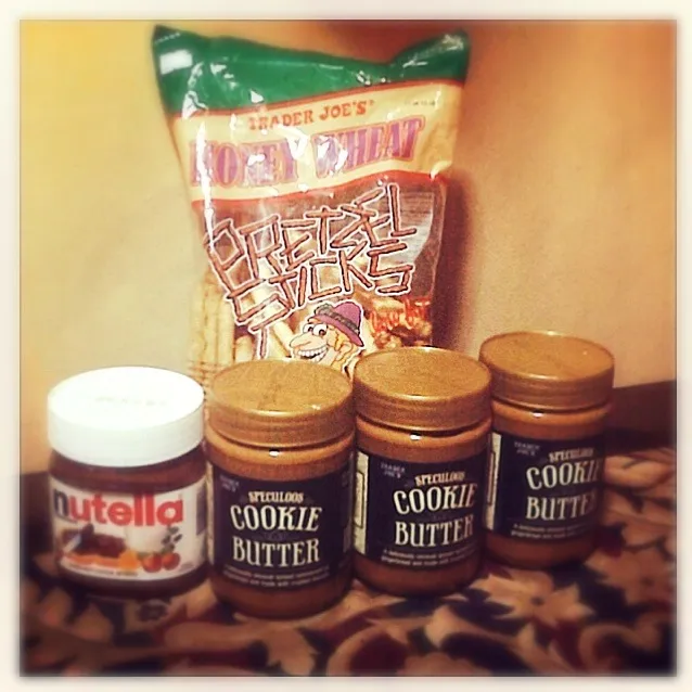 Snapdishの料理写真:Nutella, Speculoos Cookie Butter, Trader Joe's Honey Wheat Pretzel Sticks!|iamfem05さん