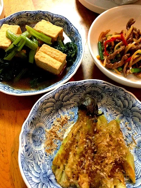 焼き茄子、小松菜と厚揚げの煮びたし|さとこさん