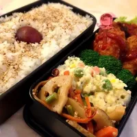 Snapdishの料理写真:3/23:今日のお弁当/手作りチキンナゲット、根菜の酢炒め、ポテトサラダ、ブロッコリーの塩茹で|安藤宏美さん