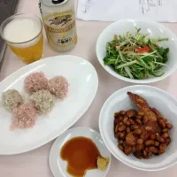 Snapdishの料理写真:肉団子のもち米蒸し、鶏手羽と大豆の煮込み、ザーサイと水菜の和え物|yoshiyuki satakeさん