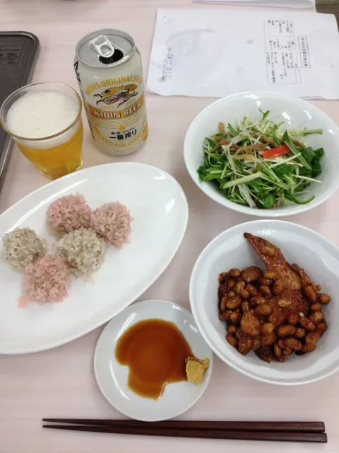 Snapdishの料理写真:肉団子のもち米蒸し、鶏手羽と大豆の煮込み、ザーサイと水菜の和え物|yoshiyuki satakeさん