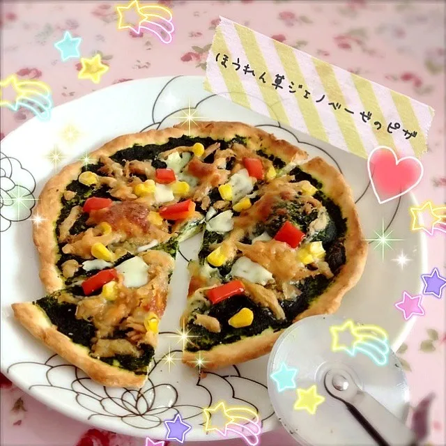 kinacoxさんのほうれん草のジェノベーゼ風♡を使ったピザ(∩❛ڡ❛∩)  spinach sauce pizza|まるちゃんさん