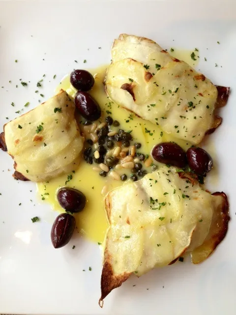 Snapdishの料理写真:Sea bass with potato sauce, pine nut, olive and caper|Tristan Choiさん