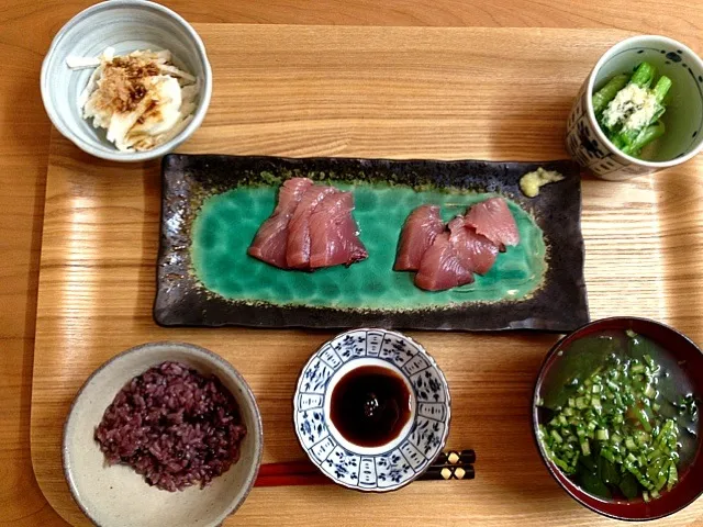 Snapdishの料理写真:カツオ刺身、長芋、菜の花パルメザンチーズソテー|むっちーさん