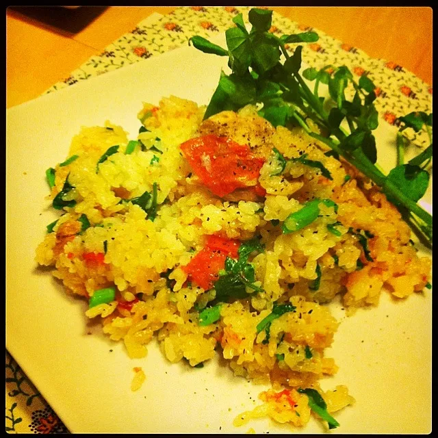 Snapdishの料理写真:鶏肉とクレソンのピラフ／pilaf with tomato, chicken&watercress|レイさん