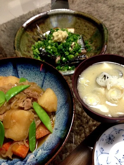 肉じゃが、焼きさんまのポン酢かけ、しじみのみそ汁|やっちゃんさん