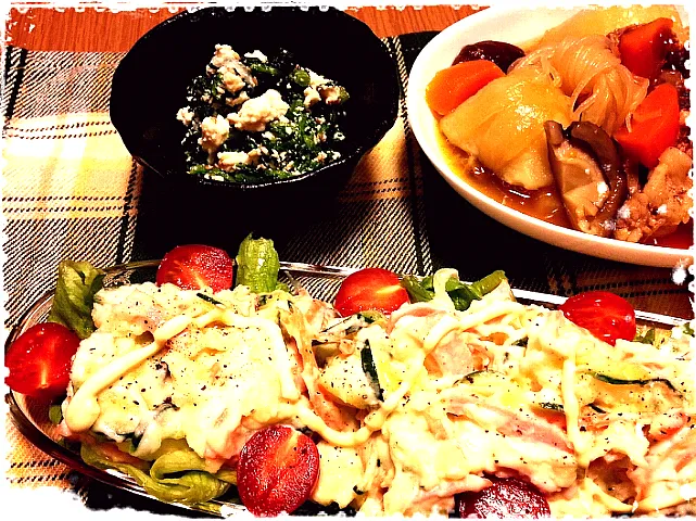 Snapdishの料理写真:POTATOSALAD✦肉じゃが✦春菊の白和え|*ikuko*さん