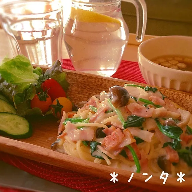 ほうれん草ときのこベーコンクリームパスタ❤|＊ノンタ＊さん