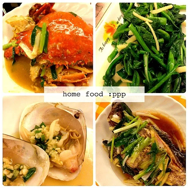 Fried crab, Baby choy sum, Steamed clams with spring onion and garlic, Steamed garoupa|sweeettooothさん