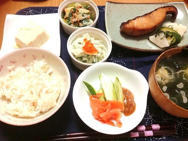 Snapdishの料理写真:銀タラの醤油漬け、分葱と納豆の和物、大根と帆立のサラダ、卵豆腐他|まりこさん