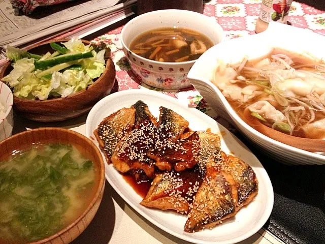 サバのコチュジャン焼、ワンタン、大豆の煮物、あおさの味噌汁|eriさん
