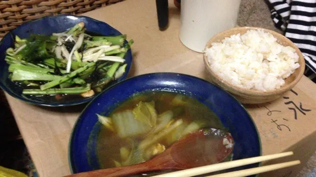 Snapdishの料理写真:白菜ワカメ葱のカレースープに大根菜っ葉のひじきわかめの炒めもの|ばんなおさん