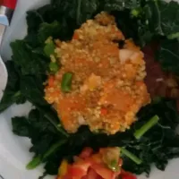 Snapdishの料理写真:sweet potato quinoa cake in a bed of kale, mango salsa, and a piece of meat lol|staphanyさん