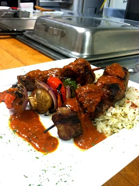 Snapdishの料理写真:Lamb & vegetable kebab over basmati rice with a morrocan sauce|j t yawgerさん