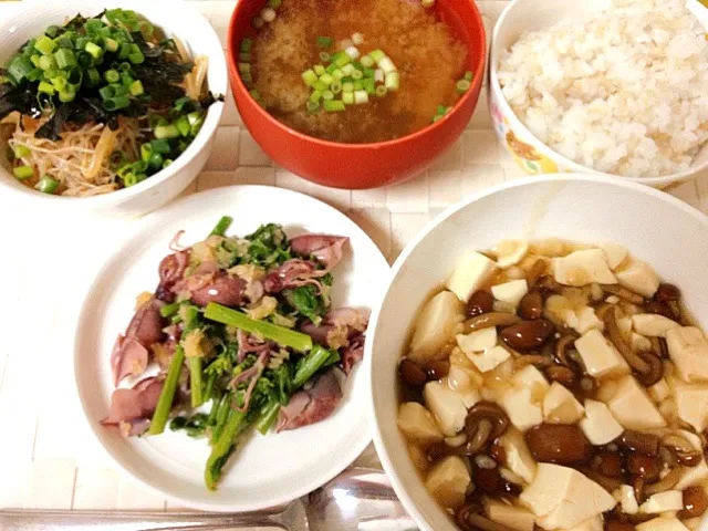 Snapdishの料理写真:ホタルイカと菜の花のおろし和え
なめこ豆腐
もやし春雨チャプチェ
葱の味噌汁
玄米入りごはん|こなつさん