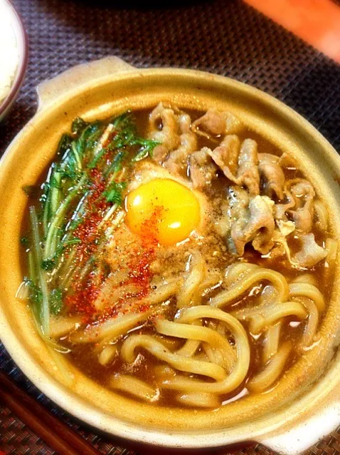 豚肉と水菜の味噌煮込みうどん|よ～さん