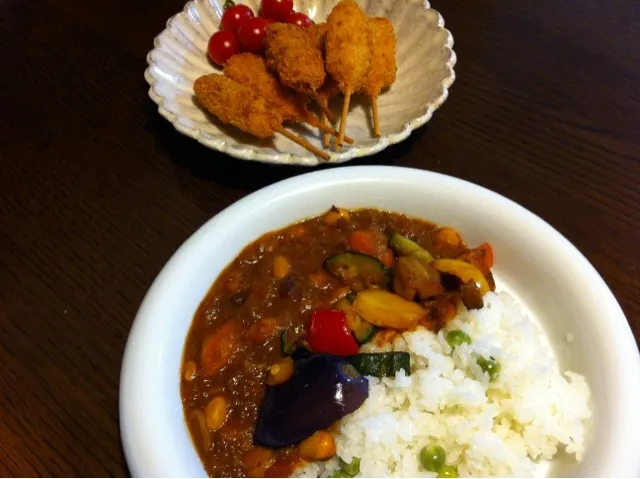 豆とグリル野菜のカレー、串カツ|きりママさん