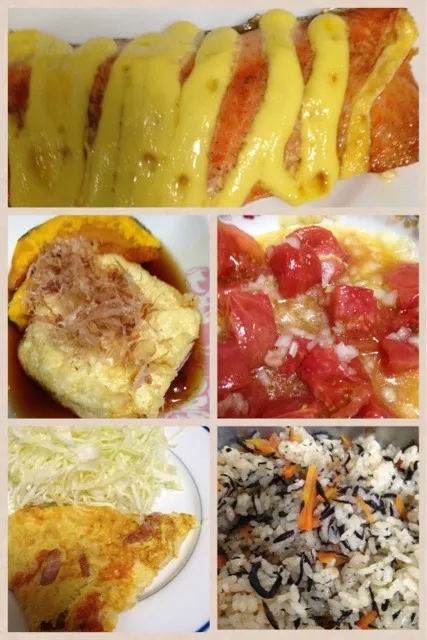 鮭のマヨネーズ焼💓揚げ出し豆腐💓スパニッシュオムレツ💓トマトとタマネギのマリネ|☆光るさん