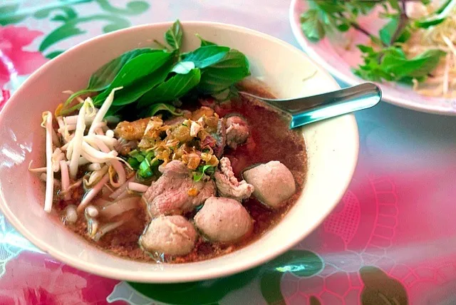 Snapdishの料理写真:เส้นไหญ่หมูนำ้ตก  タイ風ラーメン( 幅広米麺 ) 豚の血入りスープ  豚の血が入っている、と言われるとギョッとするかもしれないけど、ちょっと灰汁が効いたスープって感じ。。清んだスープも美味しいけど、こっちもイケる。カパオ(กะเพรา タイのホーリーバジル)とか生野菜がついてくるので、大量投入してわっ|msdsystemさん