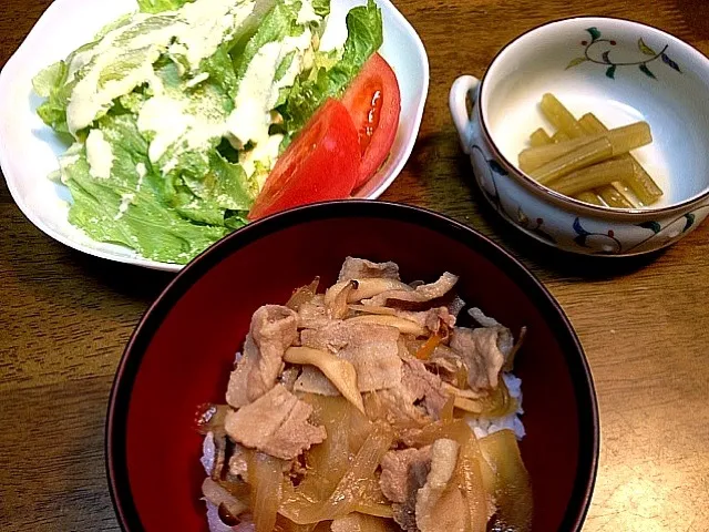 豚丼・蕗の煮物・シーザーサラダ|mokotaさん