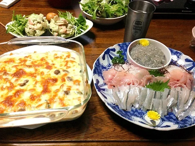 Snapdishの料理写真:山盛り生しらす・本ムツ・サヨリとほうれん草グラタン|藤井裕之さん