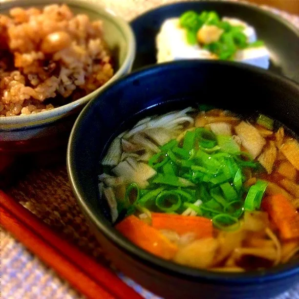 Noodle with Vege. Home made Tofu. And brown rice|Layさん