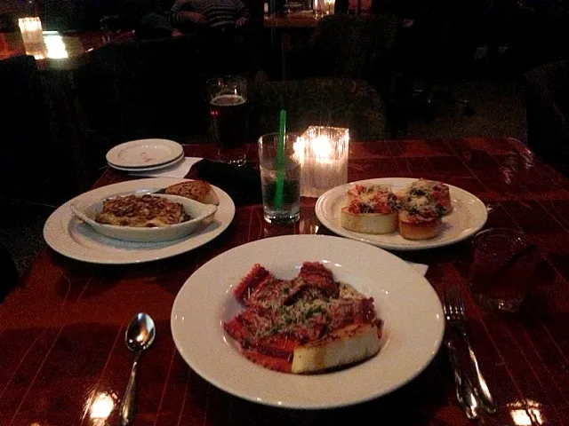 Snapdishの料理写真:Butternut squash ravioli (middle), Hazelnut crusted lasagna (left), and bruschetta (right)|Devan Rachelleさん